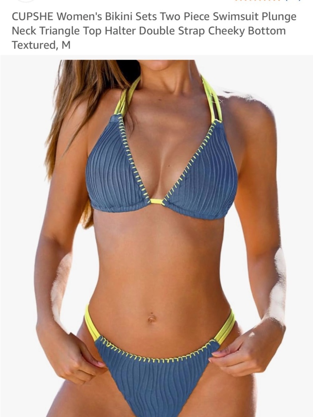 Cupshe Blue Ribbed Triangle Bikini with Neon Yellow Trim